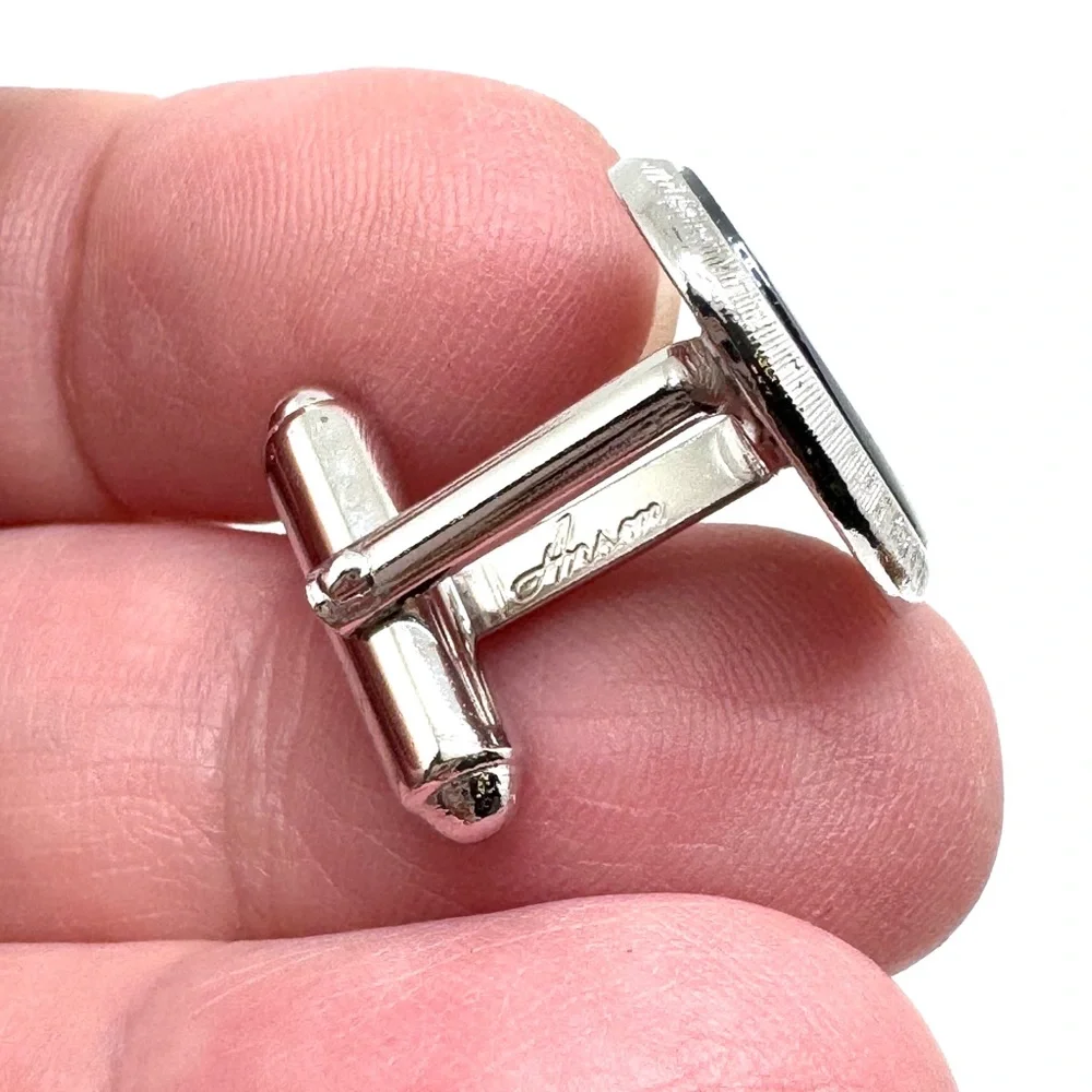 Vintage Anson F Engraved Silvertone Cufflinks and Tie Tack Set with Black Inlay